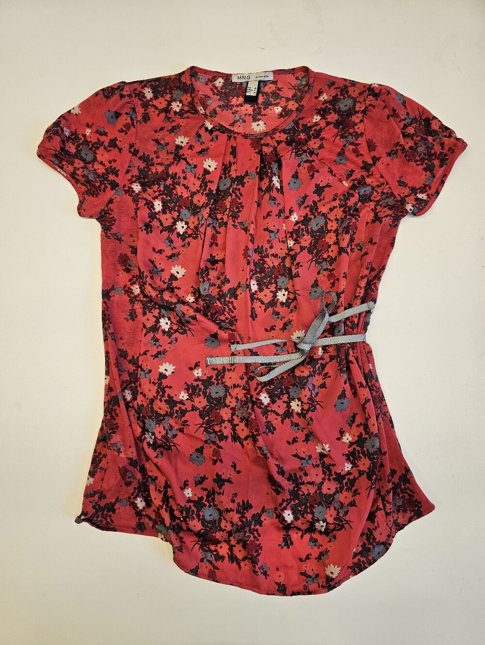 EUC | S | MNG by Mango | Pink Floral Pleated Tie-Waist Tunic Blouse